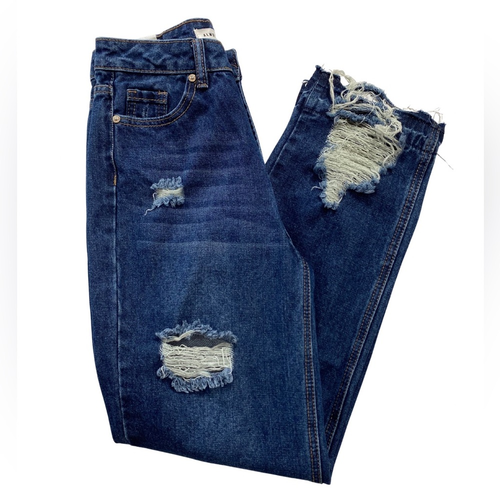 NWT Almost Famous Dad Jeans 1 High Rise Dark Blue Distressed Denim Frayed Hem